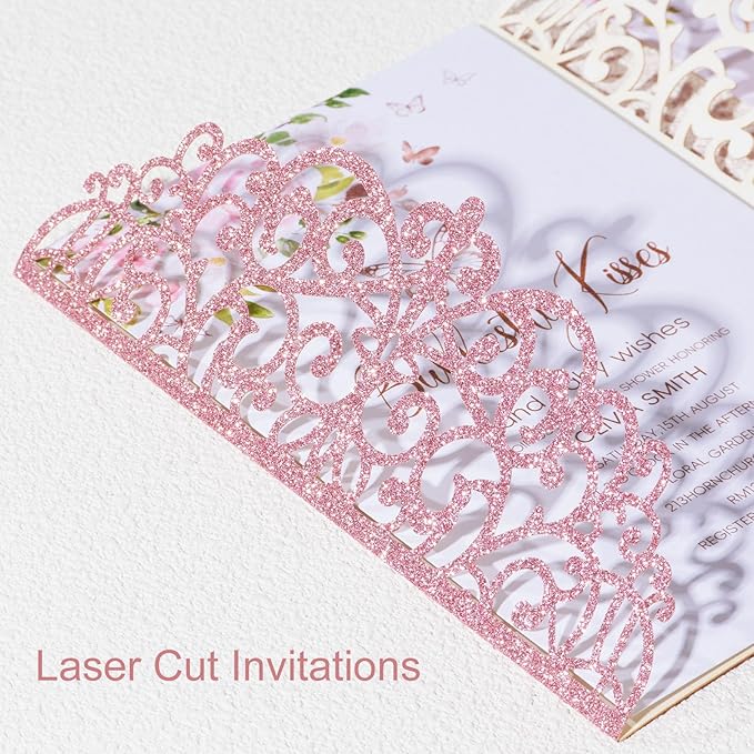 25pcs Glitter Laser Cut Wedding Invitation Kits Pink Personalized Invitation - Image 6