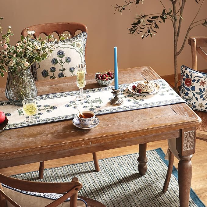 patdrea Designer Blue Rustic Elegant Floral Patterned Linen Table Runner 102 - Image 6