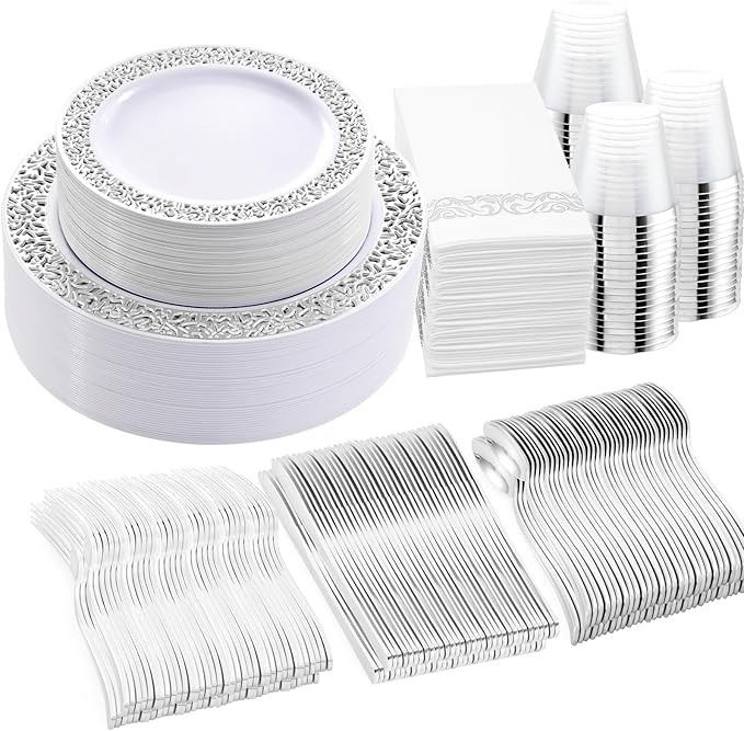 WELLIFE 350pcs Silver Party Dinnerware Set by WELLIFE