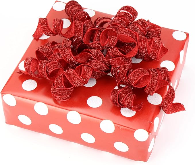 6" Metallic Glitter Red Self Adhesive Curly Ribbon Gift Wrap Bows - Image 5