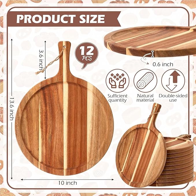 Pizza Boards with Handle 14 inch, Pizza Cutting Board Set of 6, Acacia Wood - Image 5