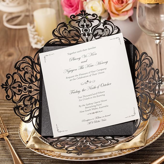Hosmsua 6.3 x 6.3 Inch 50PCS Black Laser Cut Hollow Lace Rose Invitation Cards - Image 4