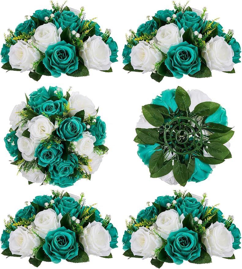 BLOSMON Teal Flowers Artificial Centerpieces: 6 Pcs Fake Roses Flowers Balls by Blosmon