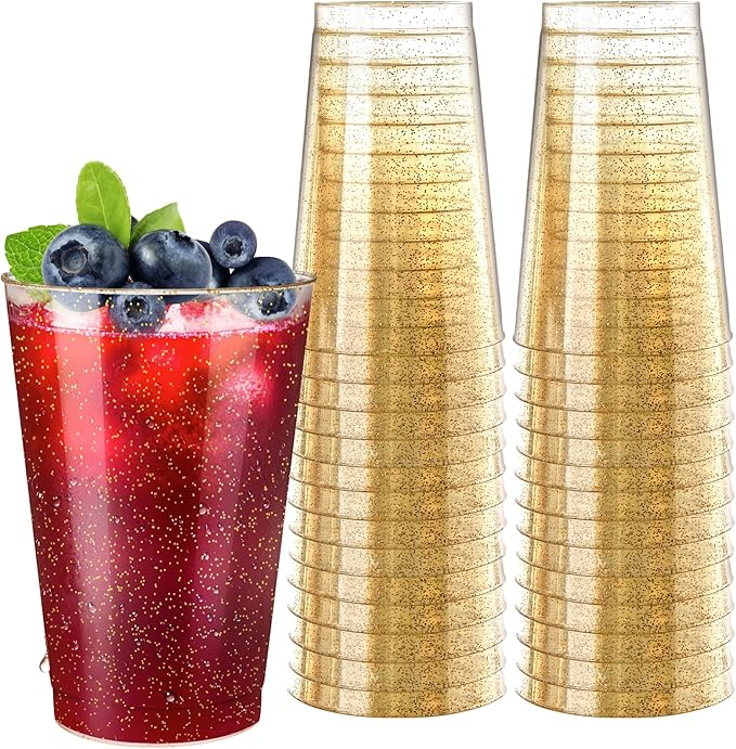 12oz Plastic Cups with Gold Glitter Sturdy & Food Safe Plastic Wine Glasses by ByvivaceDisposables