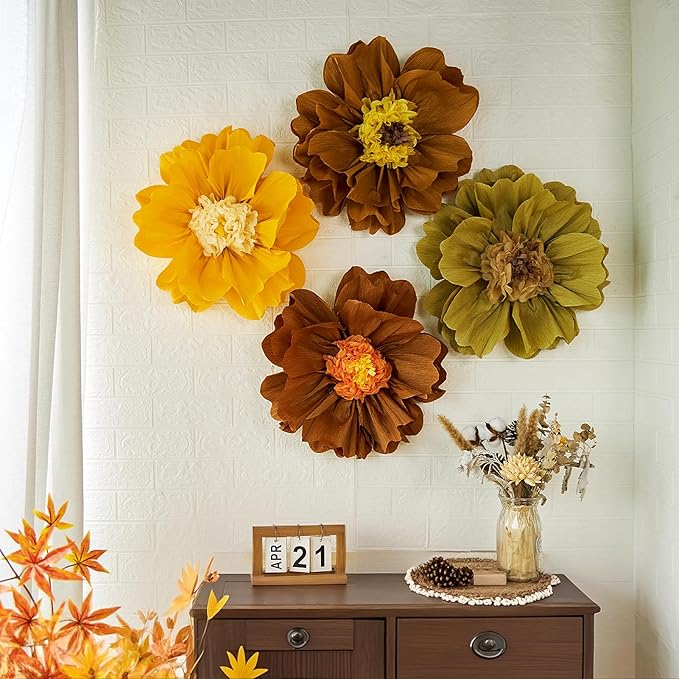 4 PCS 20" Brown Yellow Giant Paper Flowers Boho Baby Shower Party Decorations - Image 9