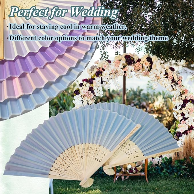 20 Pcs Personalized Light Blue Folding Hand Fans, Summer Wedding Fans, Personal - Image 4