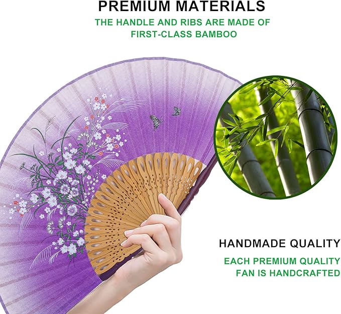 Amajiji 8.27" Hand Held Bamboo Silk Folding Fan Hand Fan, Chinese/Japanese - Image 3