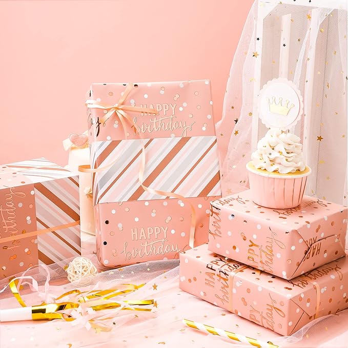 LeZakaa Reversible Pink Birthday Wrapping Paper Roll - Image 2