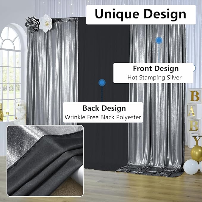 10x10 ft Wrinkle Free Black Silver Sequin Backdrop Curtain - Image 5