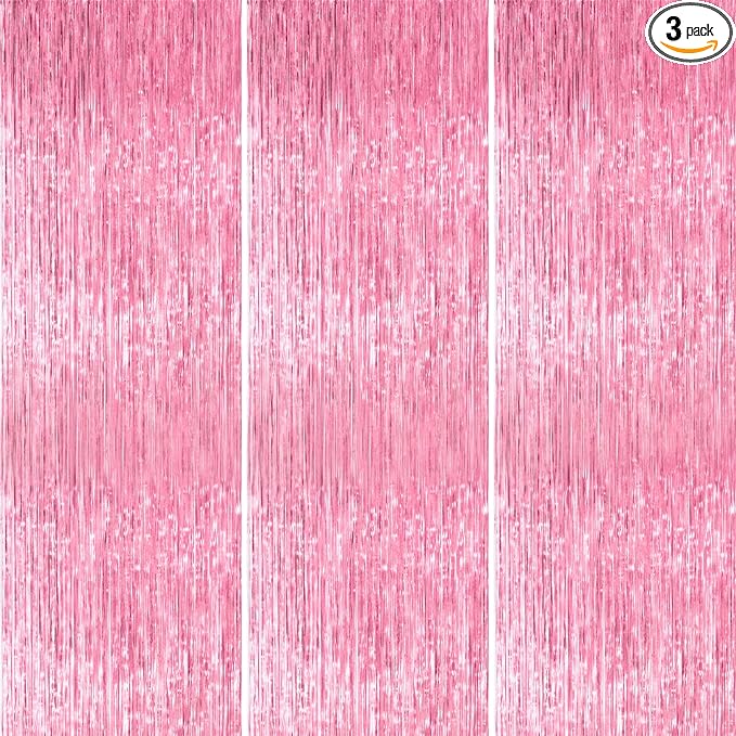 PartyWoo Pink Streamers Foil Fringe Curtain Backdrop 3Pcs 8.2ft Pastel Baby by PartyWoo