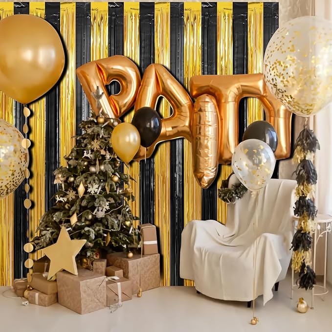 Crosize 2 Pack 3.3 x 9.9 ft Gold and Black Foil Fringe Curtains Party - Image 4