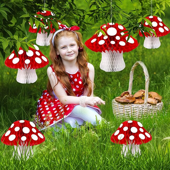 8PCS Mushroom Honeycomb Decor Mushroom Shaped Tissue Paper Pom Decorations - Image 4