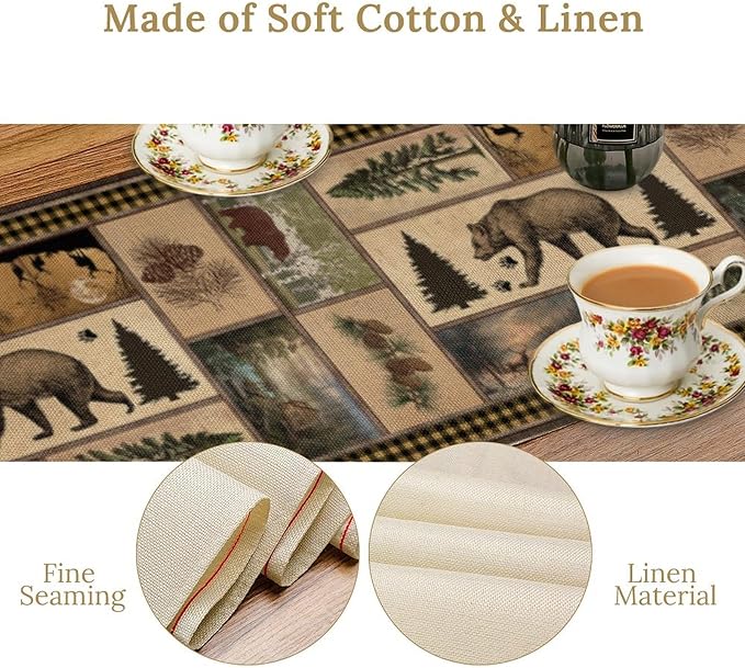 Country Lodge Bear Table Runner, Retro Vintage Bear Cottage Country Style Cabin - Image 5