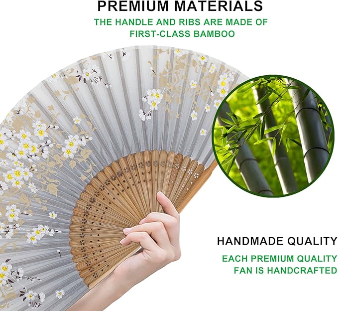 Amajiji 8.27" Hand Held Bamboo Silk Folding Fan Hand Fan, Chinese/Japanese - Image 3