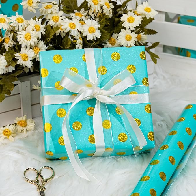 Burymento Blue Holographic Dots Wrapping Paper, Reversible Gold Gift Wrap - Image 4