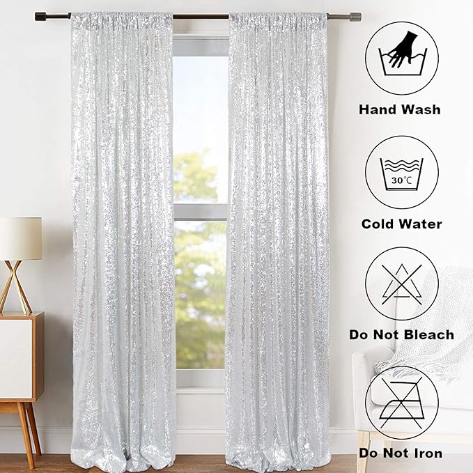 ShinyBeauty Sparkle Backdrop Curtain Silver 2 Panels Set Sequin Photo Backdrop - Image 7