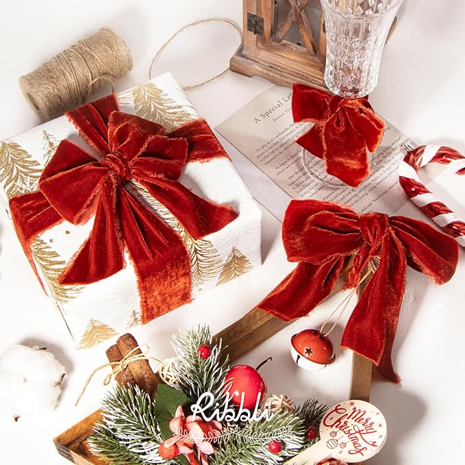 Ribbli Rust Red Velvet Ribbon 1.5 Inch Handmade Frayed Vintage Christmas Ribbon - Image 4