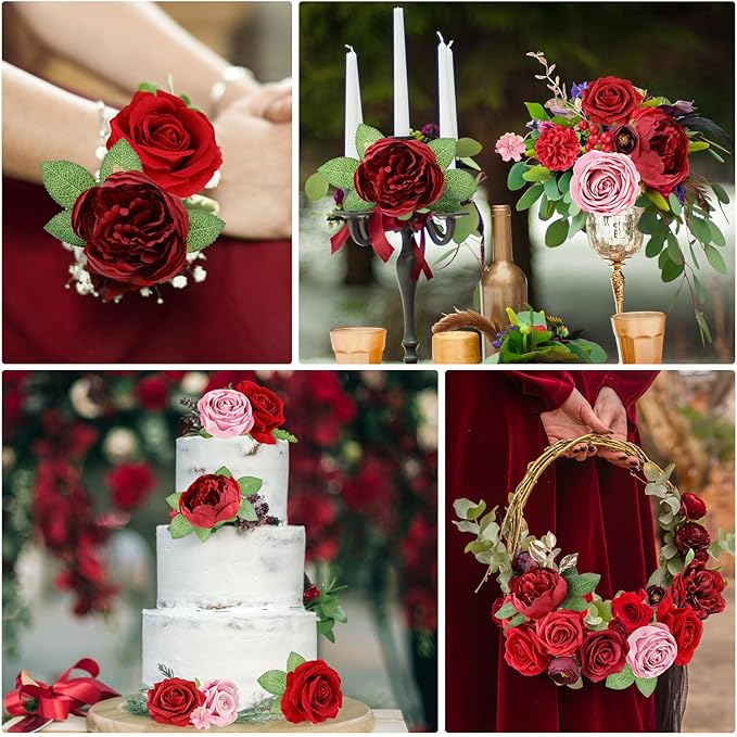 AmyHomie Red Artificial Flowers Combo Silk Mix Peony Rose Fake Flowers w/Stem - Image 4