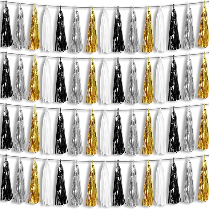 4P Black Gold Silver Foil Fringe Metallic Tassel Garland, Tassels Banner by HYSILLA