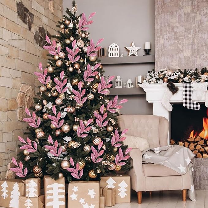 GREENTIME 12 Pack Artificial Pink Glitter Leaves 13" Fake Christmas Picks - Image 3