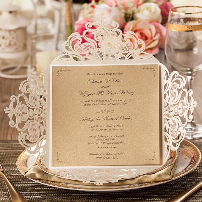Hosmsua 50PCS Ivory Laser Cut Wedding Invitation Cards by Hosmsua