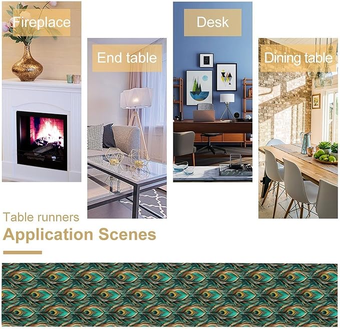 Peacock Feather Table Runner, Retro Aesthetic Green Table Runner - Image 6