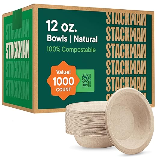 100% Compostable Paper Bowls 12 oz. Heavy-Duty Soup Bowls by StackMan