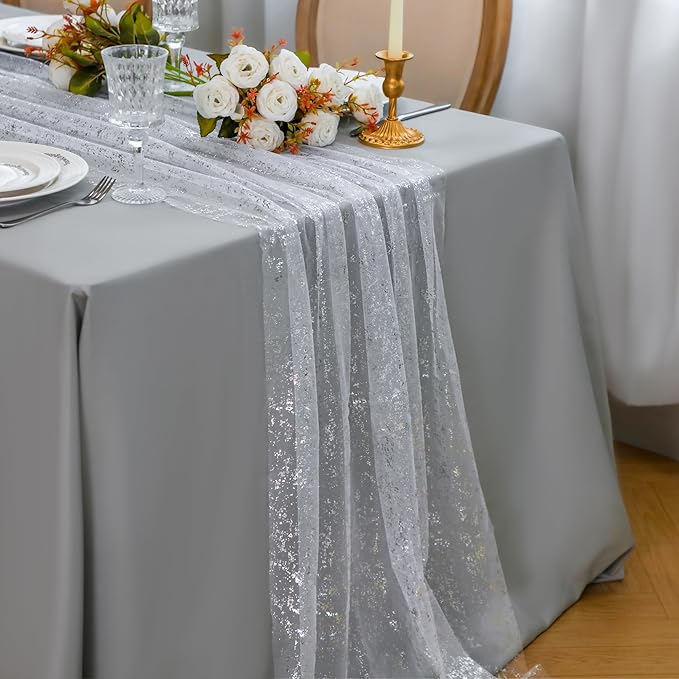 Snowkingdom 10 Pcs 10 FT Silver Table Runners, Sheer Chiffon Gauze Cheesecloth - Image 2