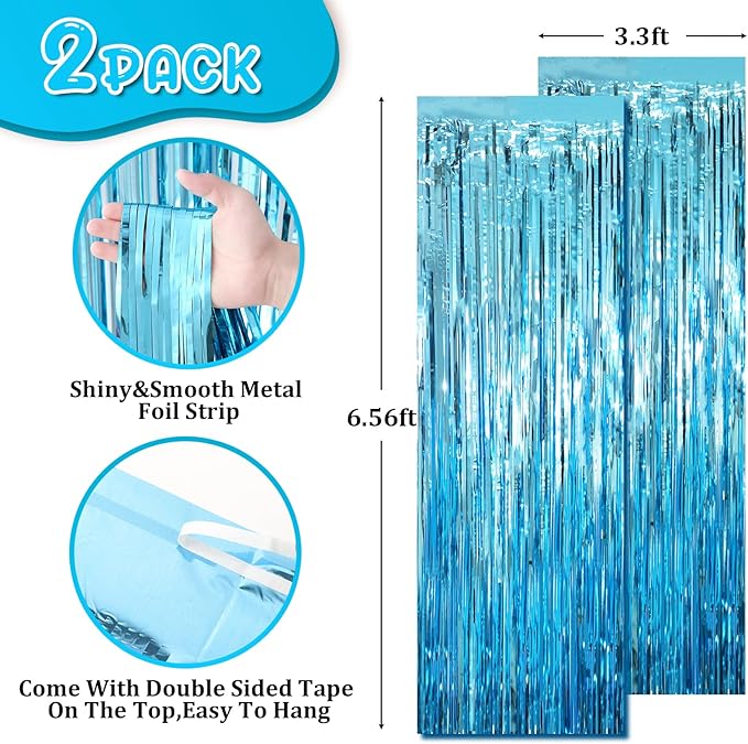 2 Pack Light Blue Tinsel Foil Fringe Curtains, Metallic Tinsel Party Streamers - Image 3