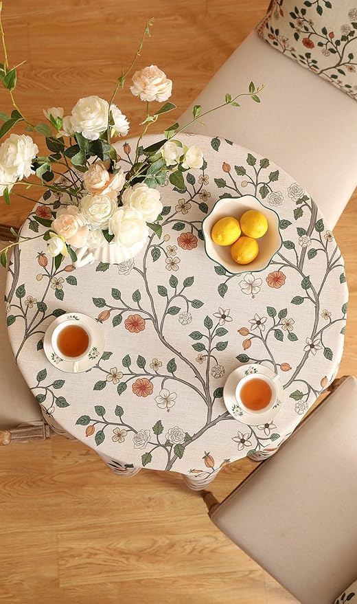 ISAENNE Designer Floral Small Round Tablecloth, French Linen Light Beige Indoor - Image 7