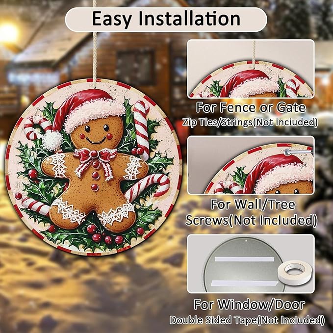 Round Christmas Metal Tin Sign Rustic Wall Decor Gingerbread Man Vintage Tin - Image 3
