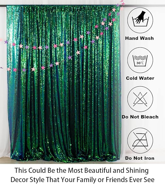 ShinyBeauty Iridescent Green Sequin Backdrop Curtain 5FTx10FT 2 Panels - Image 5