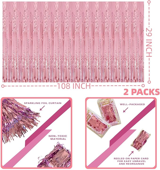 Pink Streamers Party Decorations, 2 Packs Pink Table Skirts Metallic Foil - Image 2