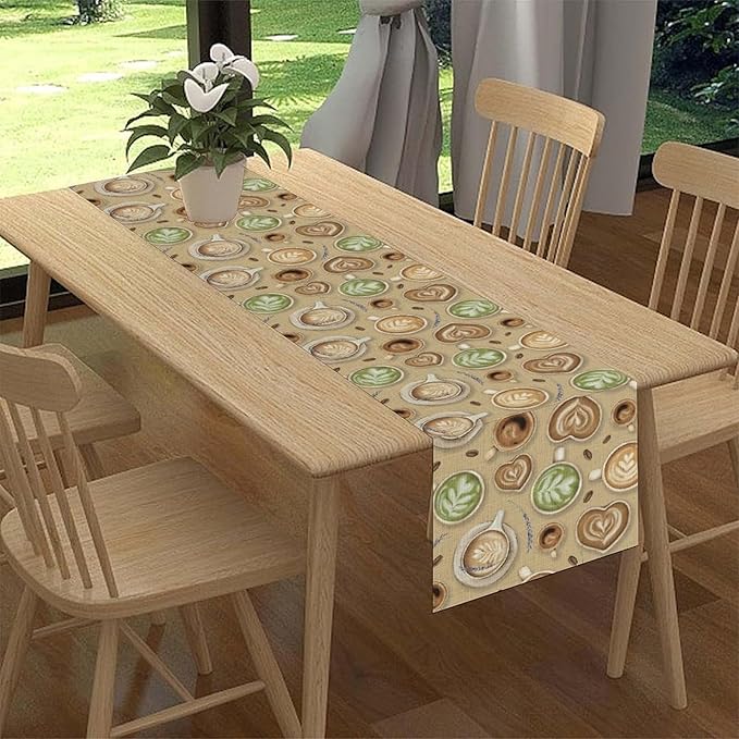 Coffee Theme Table Runner, Farmhouse Retro Brown Coffee Cup Tea Party Rustic - Image 3