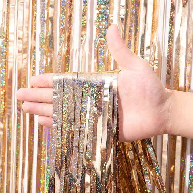 2 Pack Laser Champagne Foil Fringe Backdrop Curtains, Tinsel Streamers Birthday - Image 2