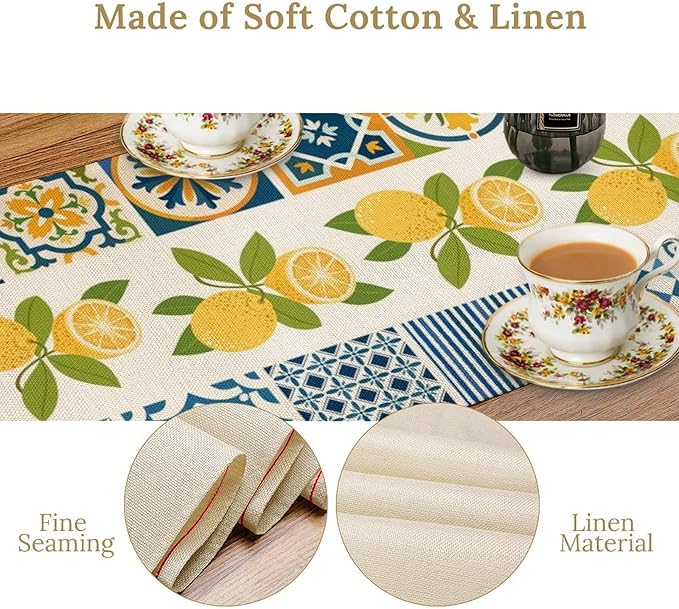 Lemon Table Runner, Watercolor Blue Fruits Green Leaves Print Table Cloth - Image 5