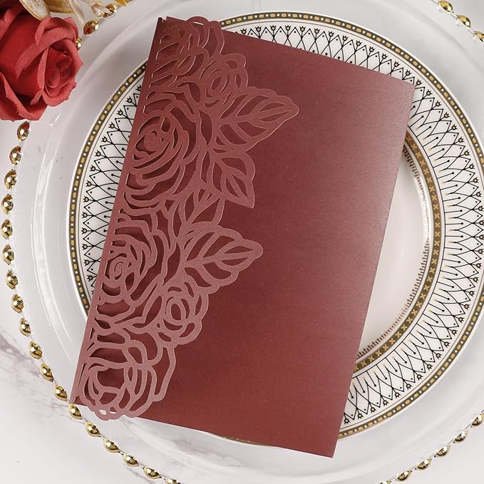 50pcs Tri Fold Wedding invitations Rose Hollow Laser Cut 5x7 '' Wedding - Image 4