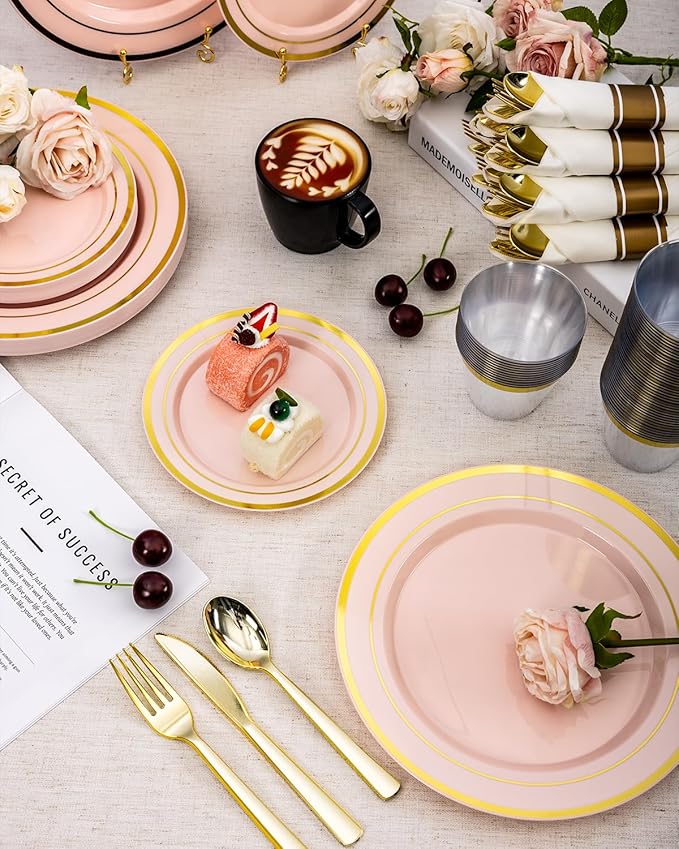 350PCS Pink Plastic Dinnerware Set, Disposable Party Plates - Image 4