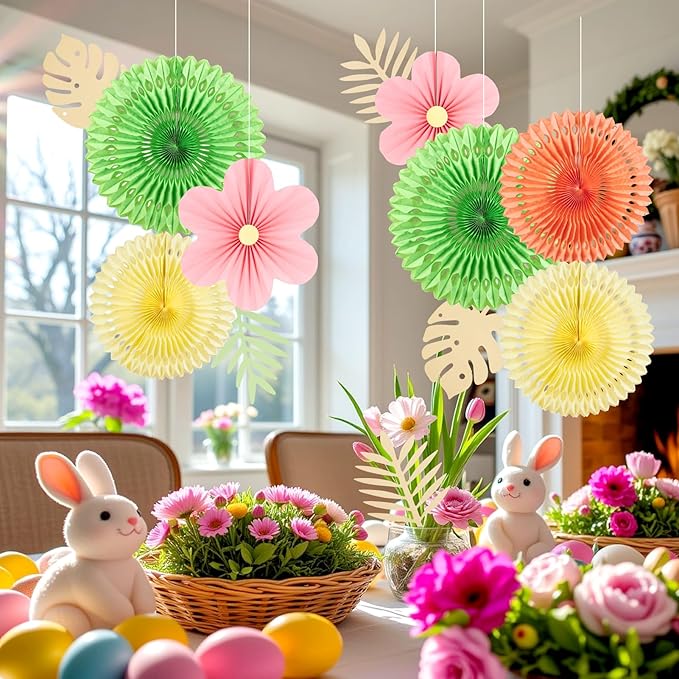 SUNBEAUTY Paper Flowers Pink and Green Party Decorations Hanging Fans Spring - Image 7