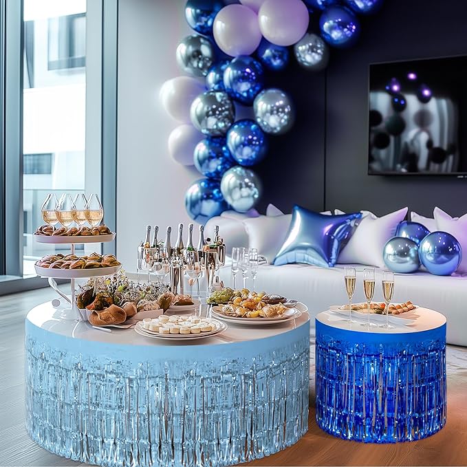 3 Pack Blue Series Table Skirts, 29x108" Metallic Foil Tinsel Fringe Table Skirt - Image 9