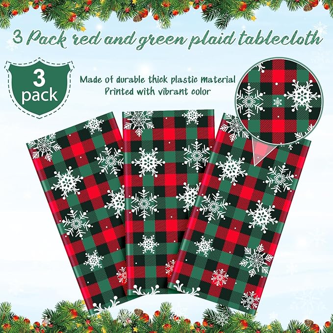 3Pcs Christmas Buffalo Plaid Snowflake Party Tablecloths Decorations, Plastic - Image 4