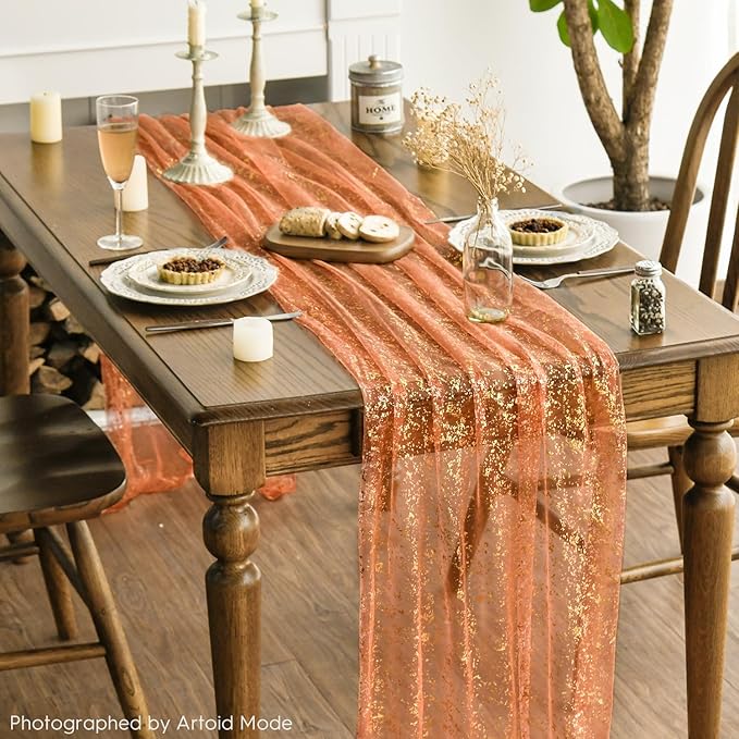 Artoid Mode Orange Gold Gauze Table Runner 120 Inch 10FT, Glitter Metallic Foil - Image 2