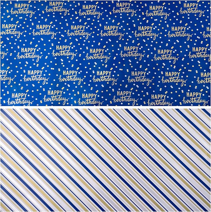 LeZakaa Reversible Blue Birthday Wrapping Paper Roll - Image 7