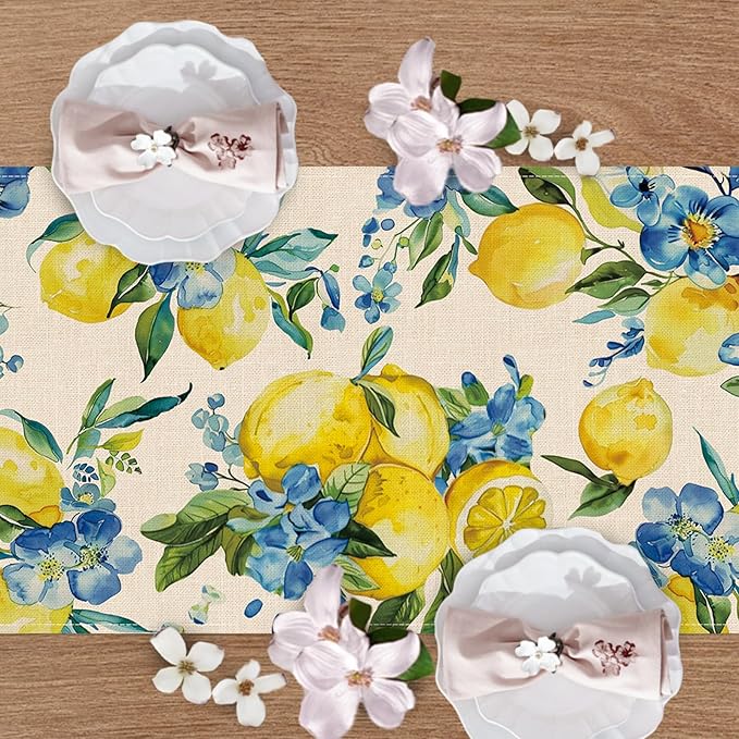 Lemon Blue Flower Dining Table Runner, Spring Summer Fruit Floral Burlap - Image 2