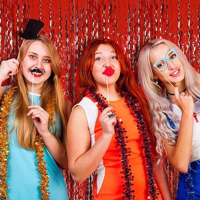 Red Streamers Tinsel Foil Fringe Curtains Wavy - Image 6