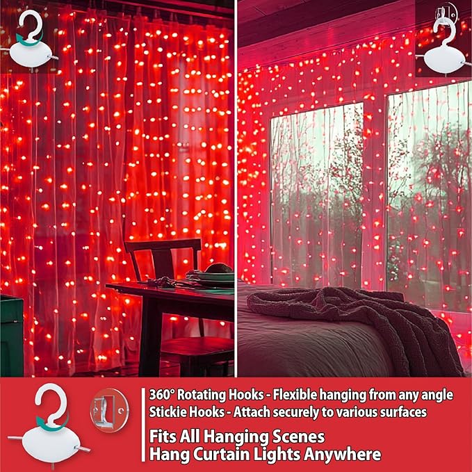 HXWEIYE 300LED Fairy Curtain Lights, 9.8x9.8Ft USB Plug-in 8 Modes Christmas - Image 3