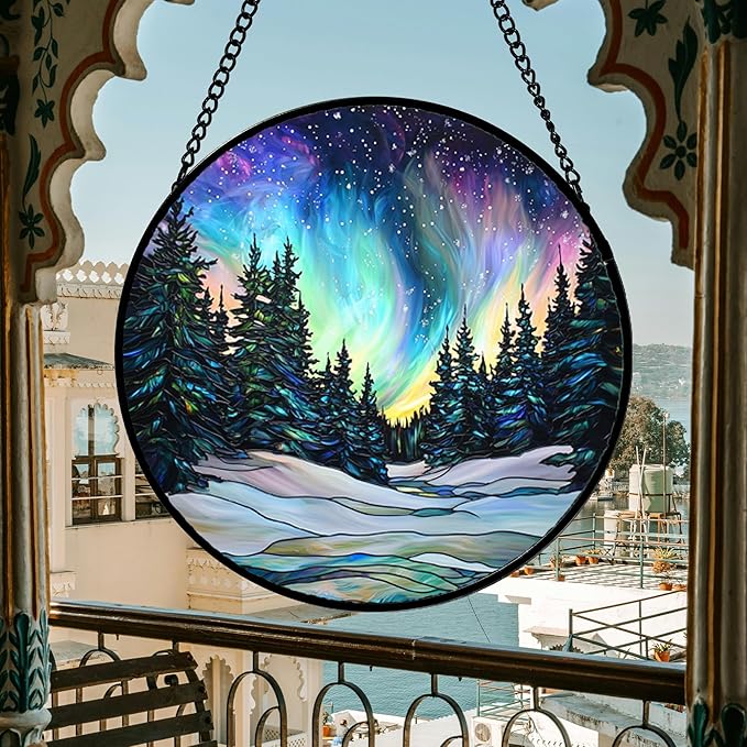 Stained Glass Window Hanging, Aurora Landscape Sun Catchers Glass Panel Green - Image 3