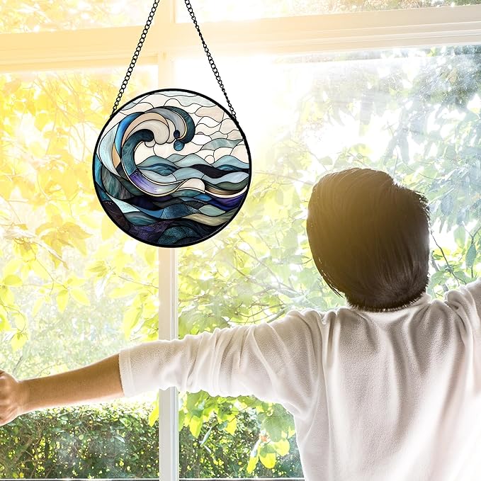 Stained Glass Window Hanging, Ocean Waves Sun Catchers Diamond Glass Panel - Image 4