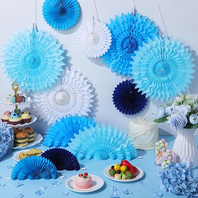 Outus 12 Pcs Hanging Honeycomb Paper Fans Sets, Fiesta Blue and White Party - Image 3