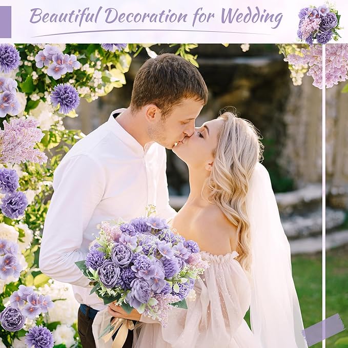 Zeyune 8 Pcs Wedding Silk Flowers Fake Silk Flowers Faux Bouquet Hydrangea - Image 3